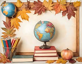 Back to School Autumn Frame with Books globe and Leaves – Watercolor Illustration