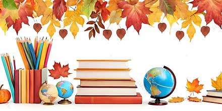 Back to School Autumn Frame with Books globe and Leaves – Watercolor Illustration