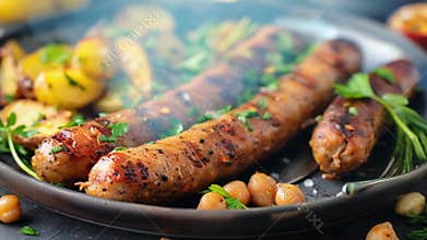 Delicious sausages with roasted potatoes and chickpeas lying on plate