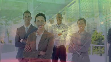 Business team posing for branding as golden light emerging behind woman spiraling around her
