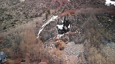 Aerial view of water falls Eastern Sierra mountains in spring time near Bishop California