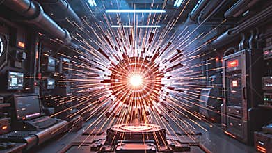 futuristic explosion of 3D sparks in a sci-fi lab, high-tech Generative AI