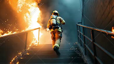 A Heroic Firefighter is Courageously Battling an Intense Blaze in a Staircase