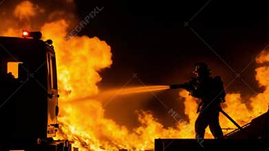Brave Firefighter Silhouetted Against Fiery Inferno