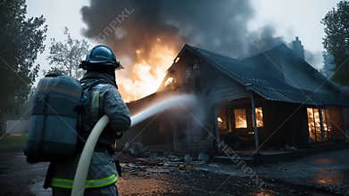 A courageous firefighter is fiercely battling a dangerous blaze at a house