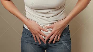 Woman with Stomach Pain, Abdominal Discomfort, Health Symptoms
