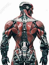 A cyborg man with exposed muscles, skeleton, and organs shown from the back.