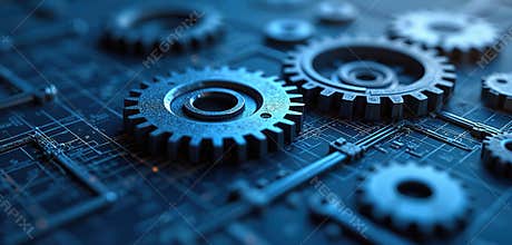 Close-up shot of mechanical gears. Gears located on abstract tech circuit board, industrial design. Tech, engineering,