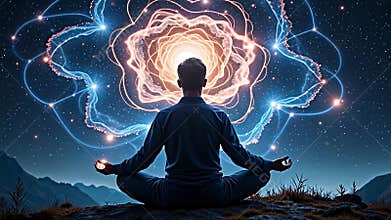 an astral projection scene, a person meditating, surrounded by Generative AI