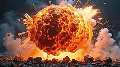 the moment of a fiery sphere\'s detonation, captured in slow motion, Generative AI