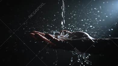 Water Stream Pouring onto Male Palm Against Black Background with Backlight