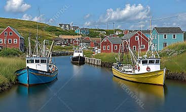 Fishing boats in a harbor village