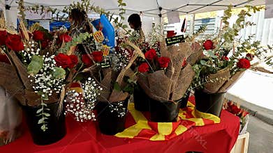 Barcelona, Spain-June 24, 2025. Florist selling roses and bouquets at a market stall decorated with catalan flag colors for saint