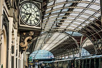 LONDON, UK - APRIL 27: Eurostar train on APRIL 27, 2024 Eurostar train locomotive at St. Pancras station in London, UK