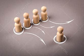 Leadership and Delegation Concept with Wooden Figures and Arrows on Gray Background