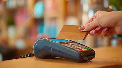 Generative AI HAND WITH NAILS USING CREDIT CARD PAYING AT POS TERMINAL IN CAFE OR RESTAURANT business concept.