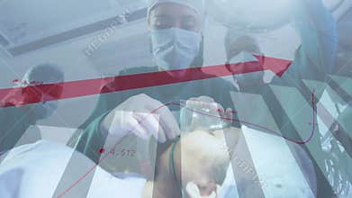 Medical team preparing patient for anesthesia placing mask and adjusting tube with vitals overlay