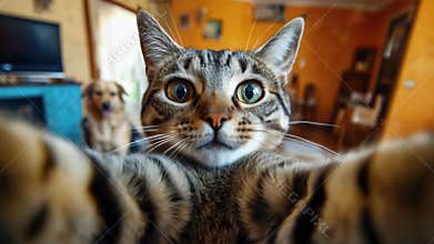 Humorous cat attacks hidden surveillance camera indoors with pet dog in cozy home