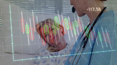 Hospital nurse responding to scrolling vitals graph by confirming vitals to reassure patient