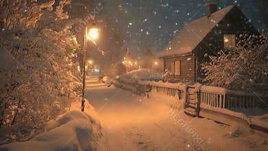 A snowy street at night with a street light in the foreground, suitable for winter scenes or nighttime settings