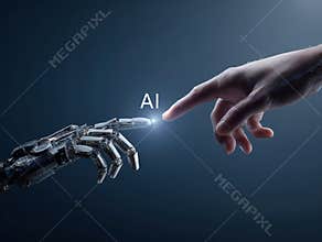 A futuristic scene featuring a human hand and robotic arm interacting, set against a dark blue background The hands create an