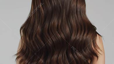 Close-up wavy brown hair, glossy studio portrait with gray background. Back view, voluminous curls, healthy shine. Soft lighting,
