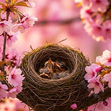 Bird Nest with Baby Chicks in Blooming Cherry Blossom Tree – Symbol of New Life and Springtime Beginnings
