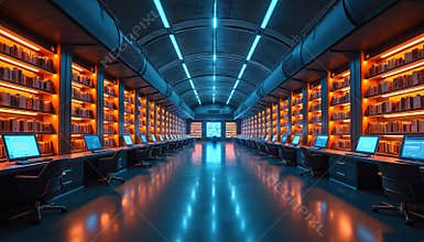 Futuristic library interior with books, computers. Digitization concept, information technology. Modern tech, knowledge access,
