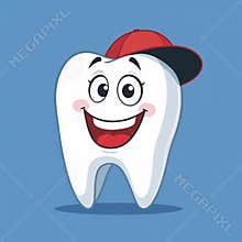 Happy Tooth Cartoon Character Wearing a Baseball Cap