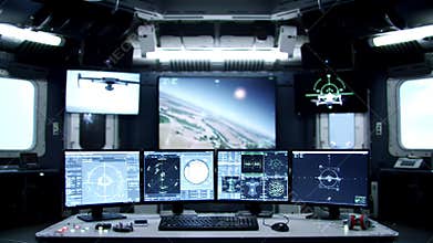 Tactical Drone Swarm Coordination Room Interior with Multiple Flight Data Monitors