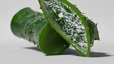 Freshly cut aloe vera leaves are laying on a white background, showing the soothing gel inside and water drops on the surface