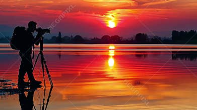 A videographer stands on the shore of a tranquil lake, poised with a camera to capture