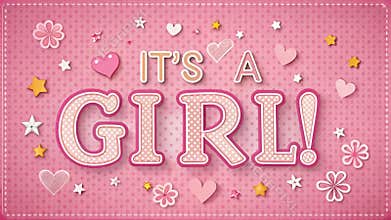 Baby girl shower card. Invitation template with cute toys, place for your text. Labels with letters and kids illustration.