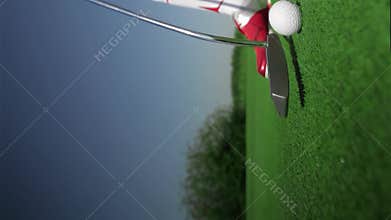 Dynamic young woman skillfully plays golf at the lush golf club