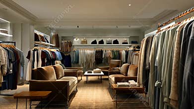 cozy, modern clothing store with racks filled with stylish outfits. Inside a modern retail AI generated