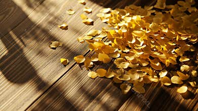 Golden leaves gently scatter on sunlit wooden deck in autumn breeze