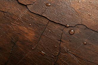 Macro view of weathered wood grain with glistening water droplets creating a textured natural surface pattern