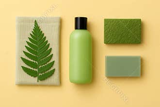 Natural skincare essentials featuring a green bottle leafy towel and soothing bathing bars for a refreshing spa experience