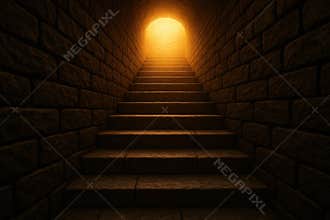 Ascending stone steps towards a radiant golden light at the end of a dark passage