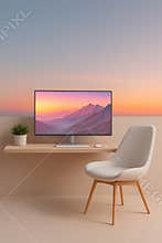 Modern workspace setup featuring a sleek monitor displaying a mountain landscape under a gradient sky