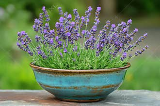 Vibrant lavender blooms flourish in a rustic turquoise ceramic pot on a wooden surface outdoors