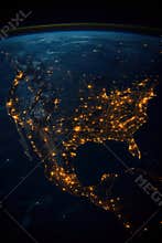 Illuminated north america from orbit showing city lights glowing brightly against the dark planet surface