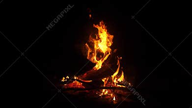 A vibrant campfire illuminates the dark wilderness as flames flicker and crackle. The warmth invites campers to gather