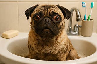 Cute pug dog sitting alert in a bathroom sink during bath time, wet and muddy with expressive face, soap and toothbrushes visible