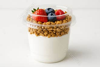 Fresh yogurt parfait with granola, strawberry, blueberry, and raspberry in a clear plastic cup on white background, AI Generative