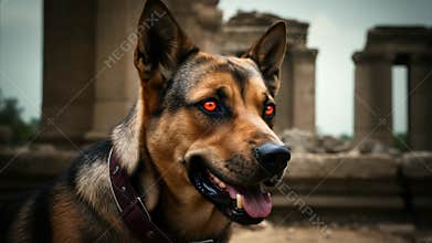 Dog exploring ancient ruins with alert expression and intense gaze