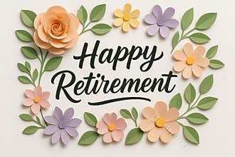 Handcrafted pastel paper flowers with green leaves arranged around happy retirement message on light background, AI Generative