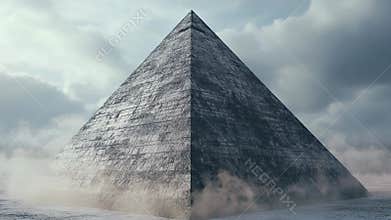 Majestic pyramid rising from dusty desert landscape under cloudy sky