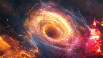 Swirling cosmic vortex with vibrant fiery colors and dynamic glowing energy deep space nebula creating mesmerizing space visual