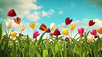 Growing colorful tulips, 3d animation